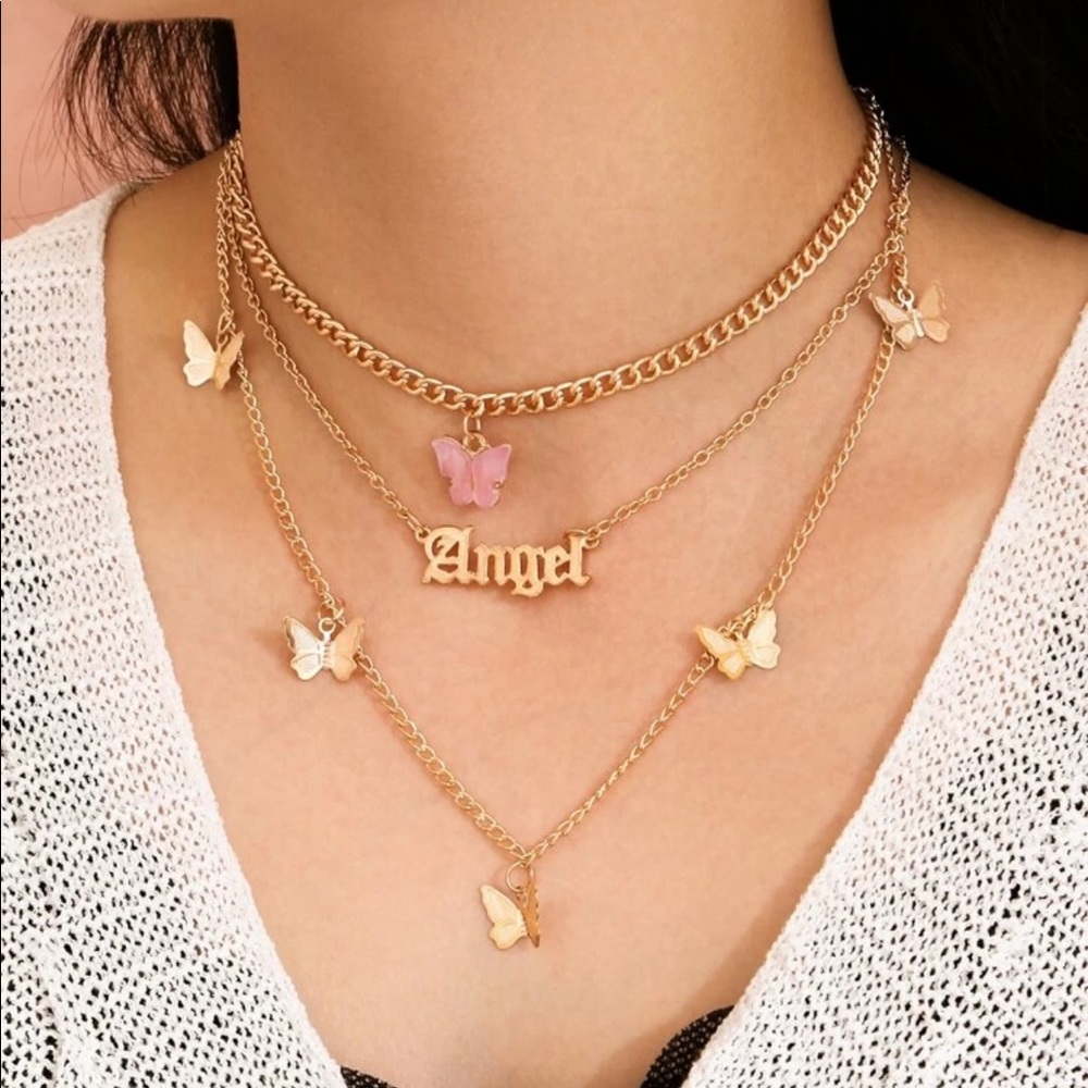 Pink butterfly angel gold tone necklace